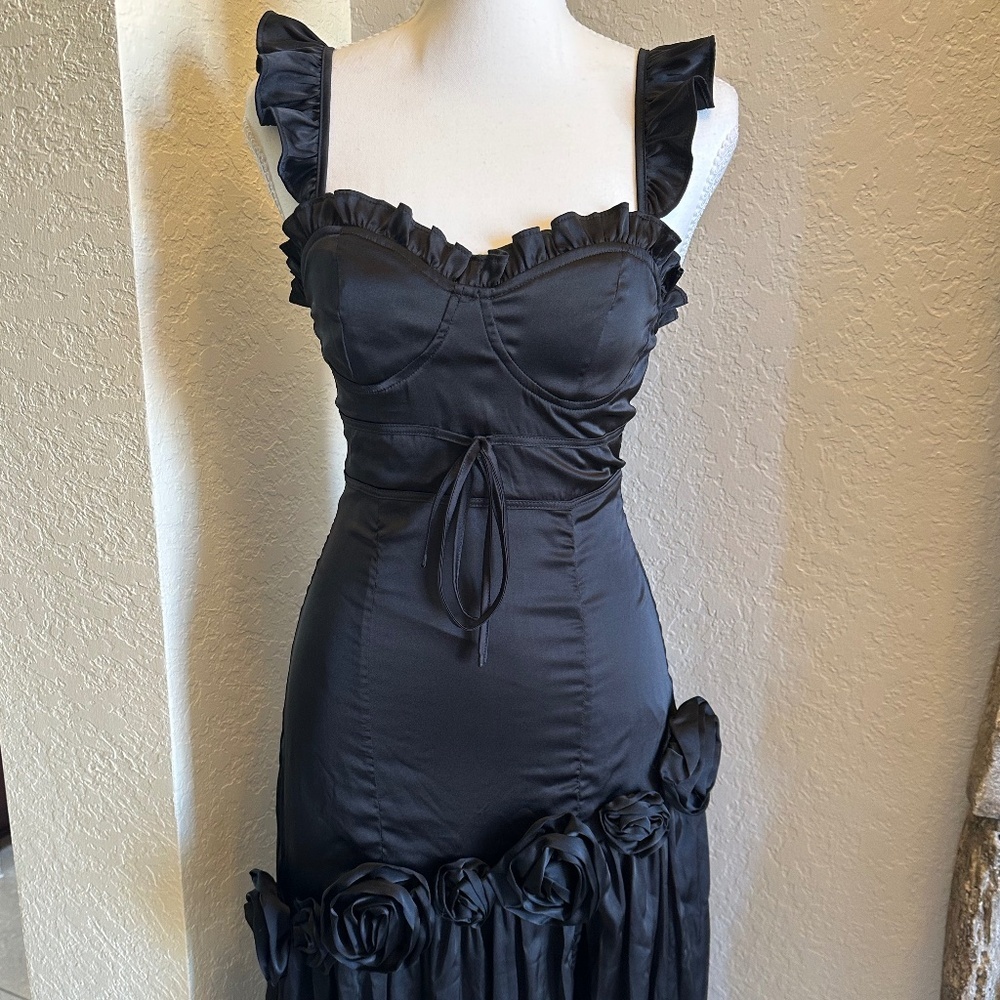 Whimsigoth/ Gothic Black Satin Maxi Dress, Size S - Picture 2 of 13